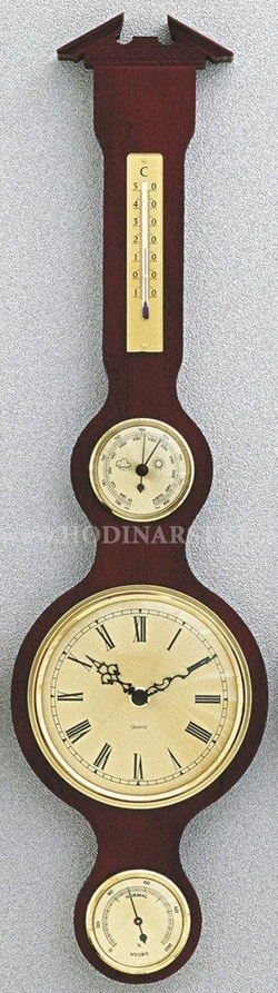 Barometr s teploměrem vlhkoměrem a hodinami na dřevěné podložce B204983